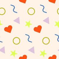 Fun colorful doodle seamless pattern. Trendy design with scribble and geometric shapes on beige backdrop. Colored random figures hearts, stars, wave, triangle and circle vector