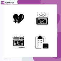 4 Universal Solid Glyphs Set for Web and Mobile Applications heart activity plus video notification Editable Vector Design Elements