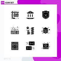 Mobile Interface Solid Glyph Set of 9 Pictograms of dollar coin security connection keyboard Editable Vector Design Elements