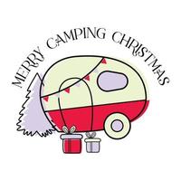 Christmas camper with christmas tree. Cute vintage vector illustration. Travel trailer in Winter bunner. Christmas element for  posters, card.