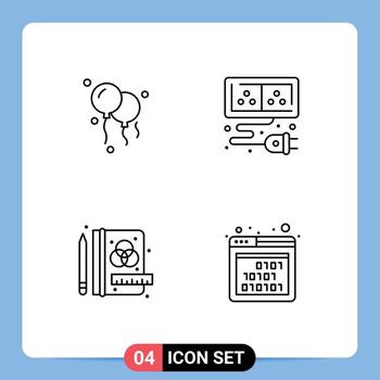 Mobile Interface Line Set of 4 Pictograms of balloons binary cable creative interface Editable Vector Design Elements