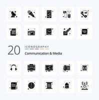 20 paquete de iconos de glifos sólidos de comunicación y medios como teléfono de cristal de pantalla de hora de reloj de arena vector
