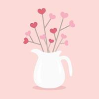 White jug with twigs and hearts bouquet. Romantic illustration for valentines day and wedding in flat style. vector