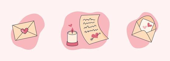 conjunto de elementos de sobres con corazón, carta de amor y vela. linda ilustración romántica en estilo plano. vector