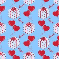 Seamless pattern with gift boxes, heart shaped balloons and word love on blue backround. Vector flat illustration for Valentines Day, Birthday, 8 March and other holiday