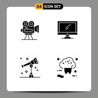 Universal Icon Symbols Group of 4 Modern Solid Glyphs of camera pc movie monitor science Editable Vector Design Elements