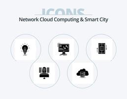Network Cloud Computing And Smart City Glyph Icon Pack 5 Icon Design. information. synchronization. data. light. electricity vector