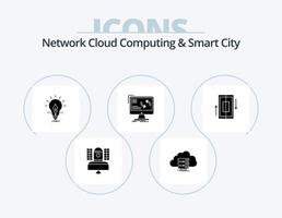 Network Cloud Computing And Smart City Glyph Icon Pack 5 Icon Design. information. synchronization. data. light. electricity vector