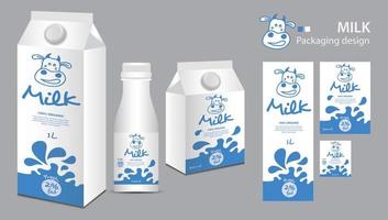 Milk package design, milk label design, Milk boxes set and bottle vector, box realistic 3d illustration, creative packaging template, product design, food banner, cute cow logo cartoon illustration vector