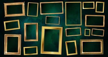 Set of decorative retro ornamental detailed picture frames. Old classic vector baroque golden frames collection. Empty painting or picture frame with golden engraved and carved Thai wooden borders.