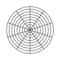 plantilla de la rueda de la vida. cuadrícula polar de 10 segmentos y 8 círculos concéntricos. herramienta de entrenamiento simple para visualizar todas las áreas de la vida. papel cuadriculado polar en blanco. diagrama circular del equilibrio del estilo de vida. vector