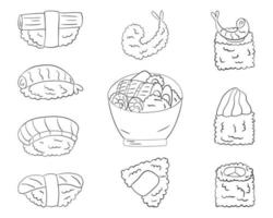 Sushi set, line art. vector illustration on a white background.