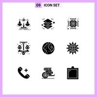 grupo universal de símbolos de iconos de 9 glifos sólidos modernos de elementos de diseño de vectores editables que viven en el colgador de chips de tierra internacional