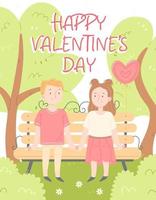 The concept of a Valentine's Day greeting card. Vector illustration in cartoon style. Happy Valentine's day lettering. A boy and a girl on a date in the park. Cute vector illustration.