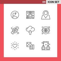 Set of 9 Vector Outlines on Grid for up cloud location sweet love Editable Vector Design Elements