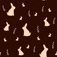 seamless pattern with rabbit silhouette and leaves on dark background, spring print for wallpaper,cover design,packaging,holiday decor, kids fashion,baby illustration, 2023 symbol. vector