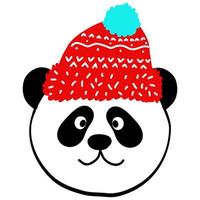 linda cabeza de panda sonriente con sombrero rojo de santa, ilustración de año nuevo en estilo garabato, estampado para textiles para niños, decoración interior de habitaciones, afiche, pegatina, logo, diseño de moda para bebés. vector