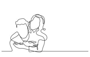 happiness couple hug in continuous line drawing vector