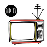 square old TV with an antenna. Antique TV in a classic wooden case, in sketch style. Leisure and entertainment. Appliances. style of the 80s. Old-style technology. vector