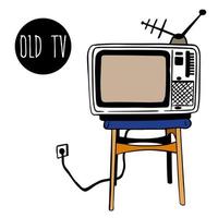 square old TV with an antenna stands on stool, chair. Retro TV with classic wooden case, in sketch style. vector drawn by hand.