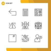 9 User Interface Outline Pack of modern Signs and Symbols of technology molecule video knowledge warning Editable Vector Design Elements