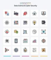 Creative Data Science And Cyber Security 25 Line FIlled icon pack  Such As monitor. scince. 3d. cloud. based vector