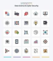 paquete de iconos rellenos de 25 líneas de ciencia de datos creativa y seguridad cibernética, como monitor. ciencia 3d. nube. establecido vector