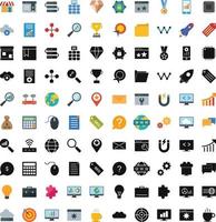 Vector set of flat web icons with long shadow on following themes - SEO and development, creative process, business and finance, office and business, security and protection, shopping and commerce.
