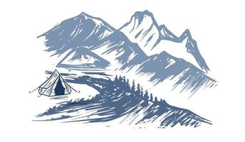 Camping in nature, mountains, hand drawn illustrations vector