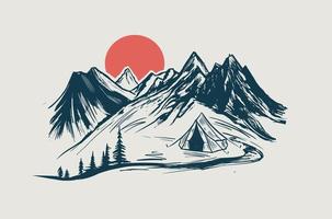 camping, paisaje montañoso, estilo boceto, ilustraciones vectoriales. vector