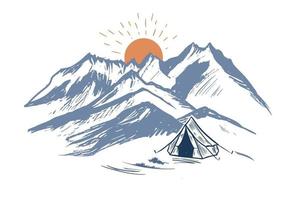 Camping in nature, mountains, hand drawn illustrations vector