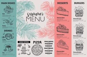 menú de verano. diseño de menú de comida de restaurante, ilustraciones dibujadas a mano. volante de comida vectorial.