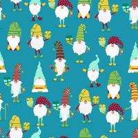 Funny gnomes with gifts seamless pattern. Cheerful gnomes in hats vector characters flat style