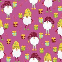 Funny gnomes with gifts seamless pattern. Cheerful gnomes in hats vector characters flat style.