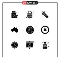 Solid Glyph Pack of 9 Universal Symbols of map country planet australian torch Editable Vector Design Elements