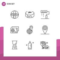 9 Universal Outlines Set for Web and Mobile Applications map global development shopping pass Editable Vector Design Elements