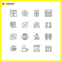 Pack of 16 Modern Outlines Signs and Symbols for Web Print Media such as website site multimedia layout phone Editable Vector Design Elements