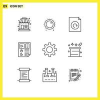 Pack of 9 Modern Outlines Signs and Symbols for Web Print Media such as gear seo document report document Editable Vector Design Elements