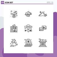 Pack of 9 Modern Outlines Signs and Symbols for Web Print Media such as development building mountain apartment scene Editable Vector Design Elements