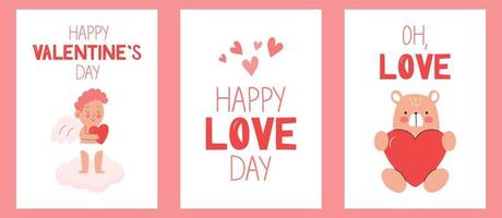 Set of valentine's day cards. Drawn posters and greeting cards. Vector greeting cards for Valentine's Day with illustrations in flat style.