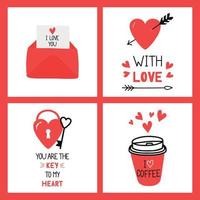 Valentines day vector card set with hearts and love romantic messages in red, grey and white colours.