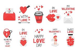 Valentines day vector clipart set with hearts and love romantic messages in red, grey and white colours.