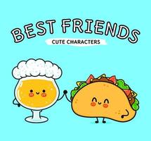 Cute, funny happy glass of beer and taco. Vector hand drawn cartoon kawaii characters, illustration icon. Funny cartoon glass of beer and taco mascot friends concept