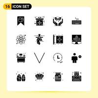 Modern Set of 16 Solid Glyphs Pictograph of study education protect atom hardware Editable Vector Design Elements