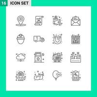 Pack of 16 Modern Outlines Signs and Symbols for Web Print Media such as day text advertising message email Editable Vector Design Elements