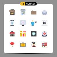 Pack of 16 Modern Flat Colors Signs and Symbols for Web Print Media such as cell open working mail school bag Editable Pack of Creative Vector Design Elements