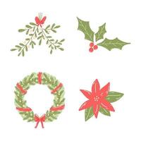 corona de navidad en estilo plano de dibujos animados. ilustración vectorial dibujada a mano de ramas de pino con cinta roja, arco y luces navideñas. vector