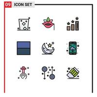 9 Universal Filledline Flat Color Signs Symbols of moon interface rose grid performance Editable Vector Design Elements