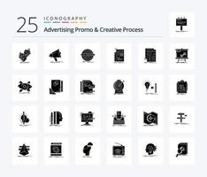 Advertising Promo And Creative Process 25 Solid Glyph icon pack including news. gazette. media. target. pencil vector