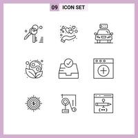 Group of 9 Modern Outlines Set for inbox leaf ecology yin symbol Editable Vector Design Elements